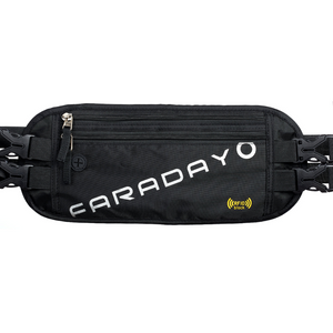 Faraday Waist Pack RFID belt with dual adjustable straps, black nylon, zip pockets, signal blocking design.