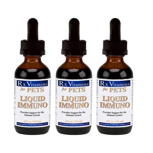 Rx Vitamins For Pets Liquid Immuno L-Lysine Plus 2 Oz 3 Pack bottles with droppers for immune support.