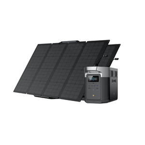 EcoFlow DELTA Max 2000 Power Station with three 160W solar panels, portable solar generator.