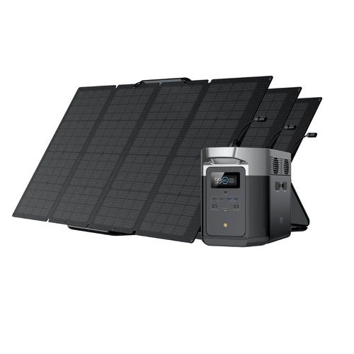 EcoFlow DELTA Max 2000 Power Station with three 160W solar panels for efficient energy backup.