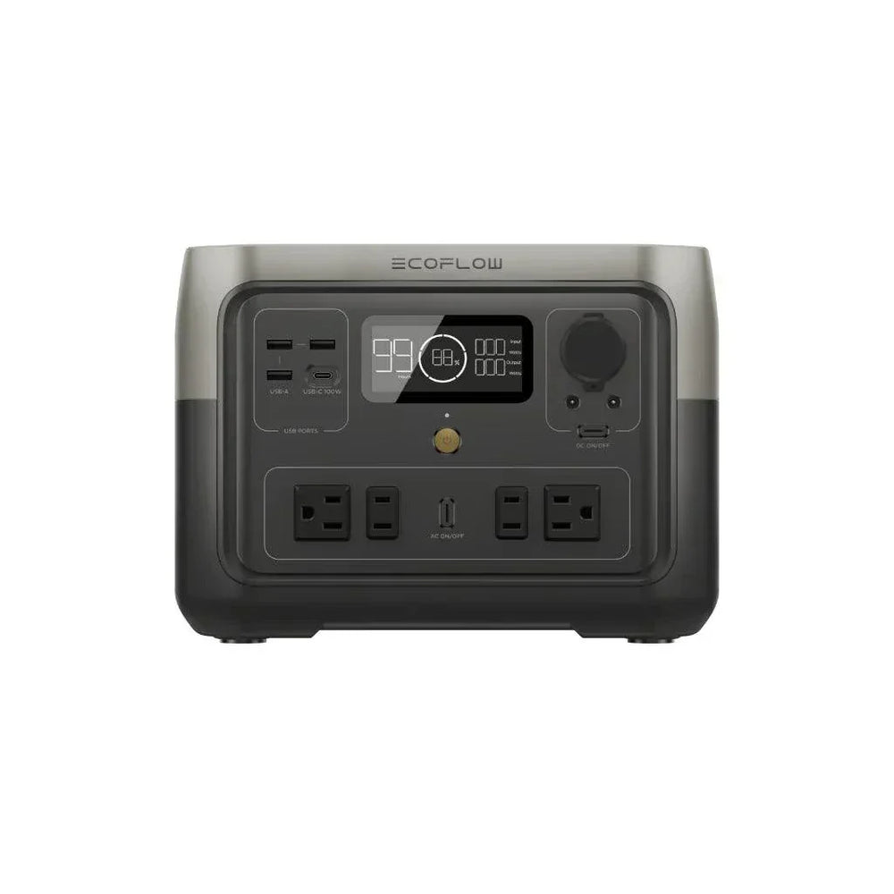 EcoFlow RIVER 2 Max Portable Power Station, lightweight and reliable, multiple charging options, front panel view.