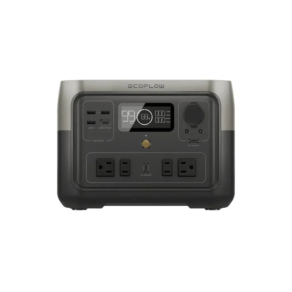 EcoFlow RIVER 2 Max Portable Power Station, lightweight and reliable, multiple charging options, front panel view.