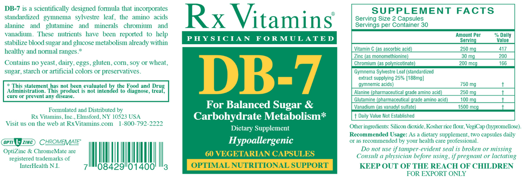 Vitaminas Rx DB 7 60 cápsulas para apoyar el metabolismo de los carbohidratos y los azúcares