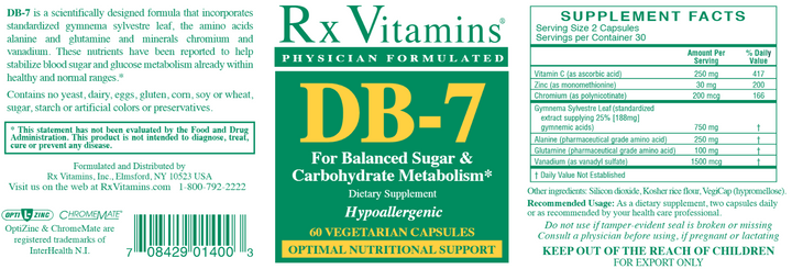 Vitaminas Rx DB 7 60 cápsulas para apoyar el metabolismo de los carbohidratos y los azúcares