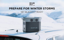 Load image into Gallery viewer, EcoFlow DELTA 1300 Portable Power Station on car roof in snowy landscape for winter storm preparedness.
