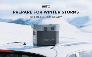 EcoFlow DELTA 1300 Portable Power Station on car roof in snowy landscape for winter storm preparedness.