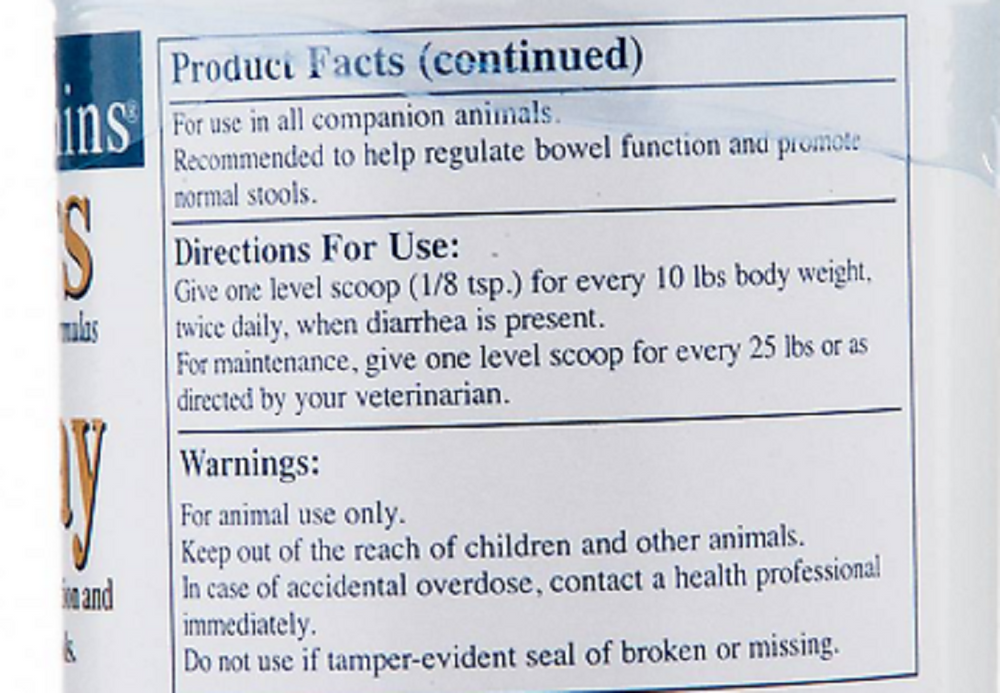 Product facts and directions for use on Rx Vitamins For Pets Rx Clay packaging.